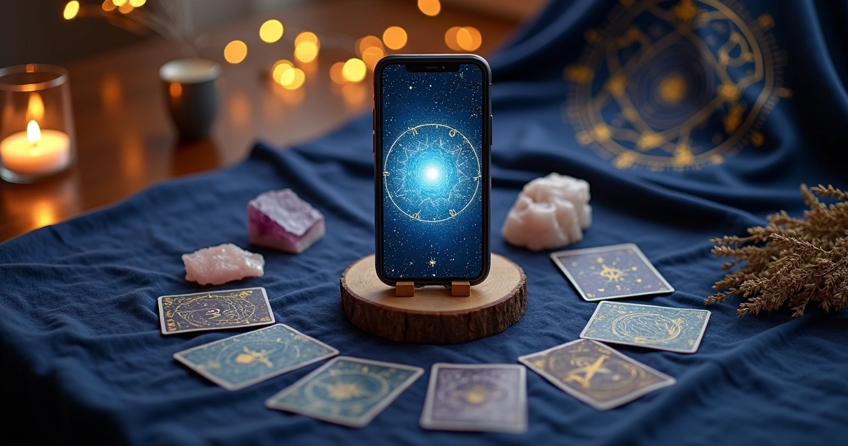 altar místico moderno com smartphone exibindo cartas de tarot digitais e cristais ao redor
