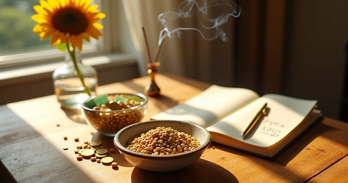 Sementes de girassol em tigela com moedas douradas sobre mesa de madeira