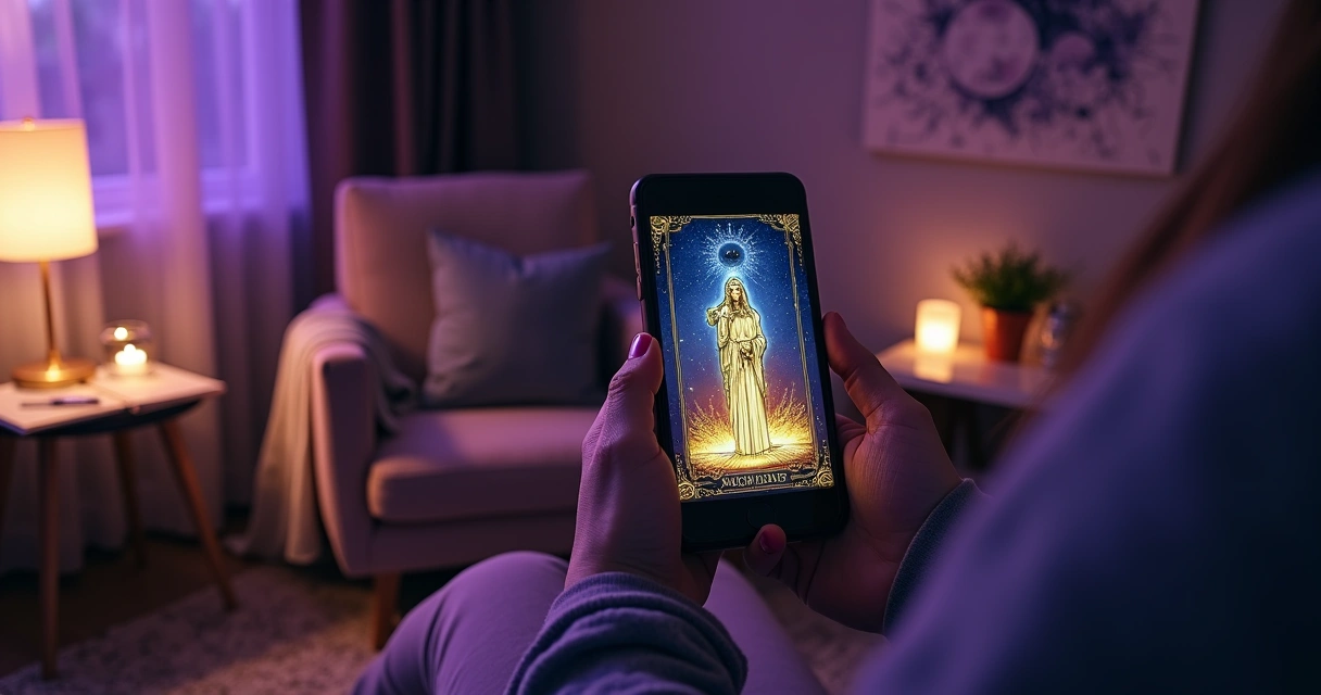 Mulher segurando celular com carta de tarot digital em ambiente místico moderno