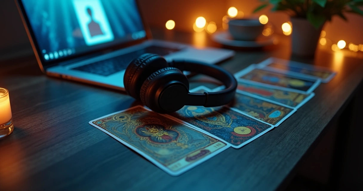 Notebook com cartas de tarot ao lado e fones de ouvido sobre a mesa
