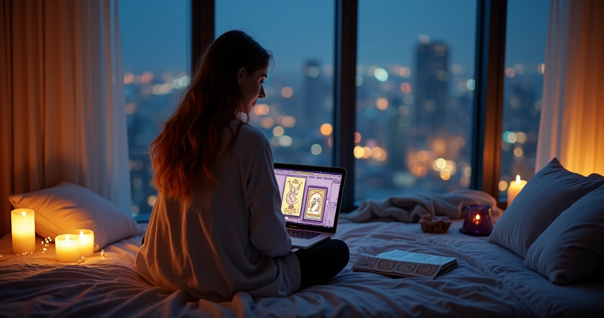 Mulher olhando cidade noturna chuvosa enquanto consulta tarot no laptop sobre a cama