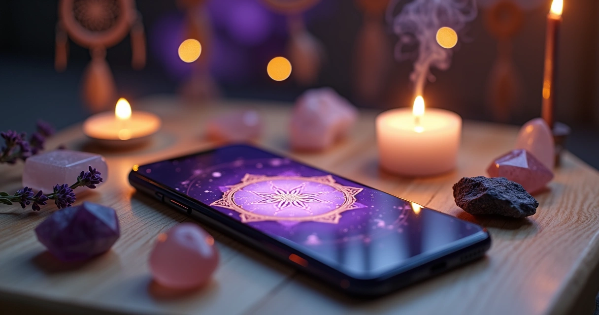 Celular sobre altar com cristais e luz violeta mística