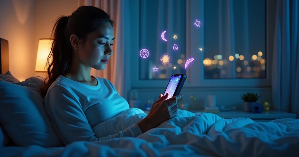 Mulher segurando celular à noite recebendo atendimento espiritual online com símbolos místicos