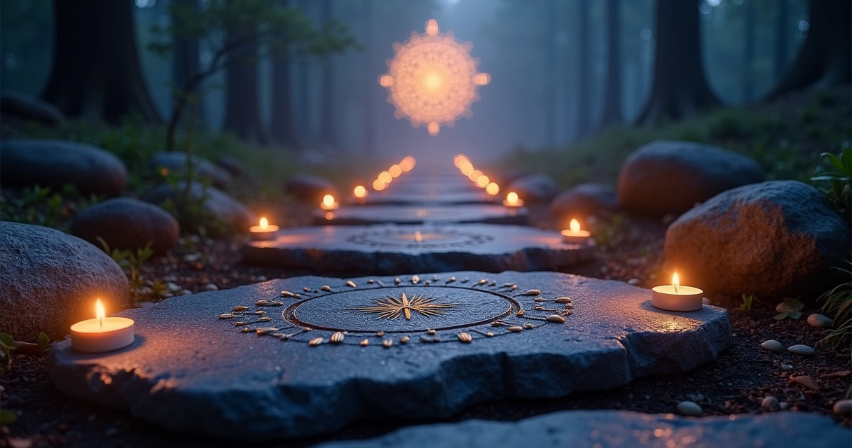 Caminho de pedra iluminado por símbolos de oráculos e rituais espirituais