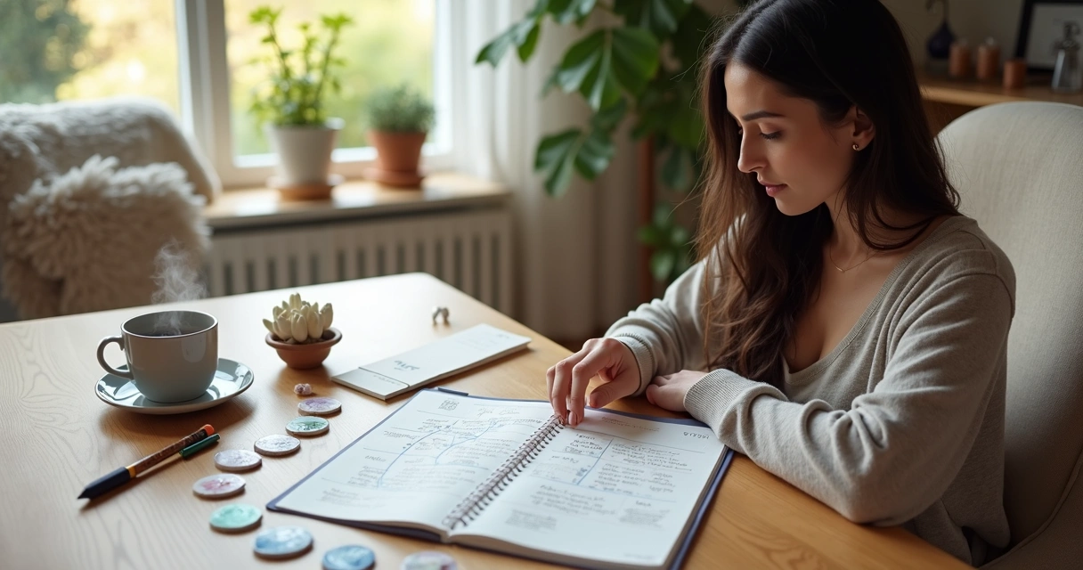 Mulher organiza rotina semanal usando cartas astrológicas sobre mesa com planner