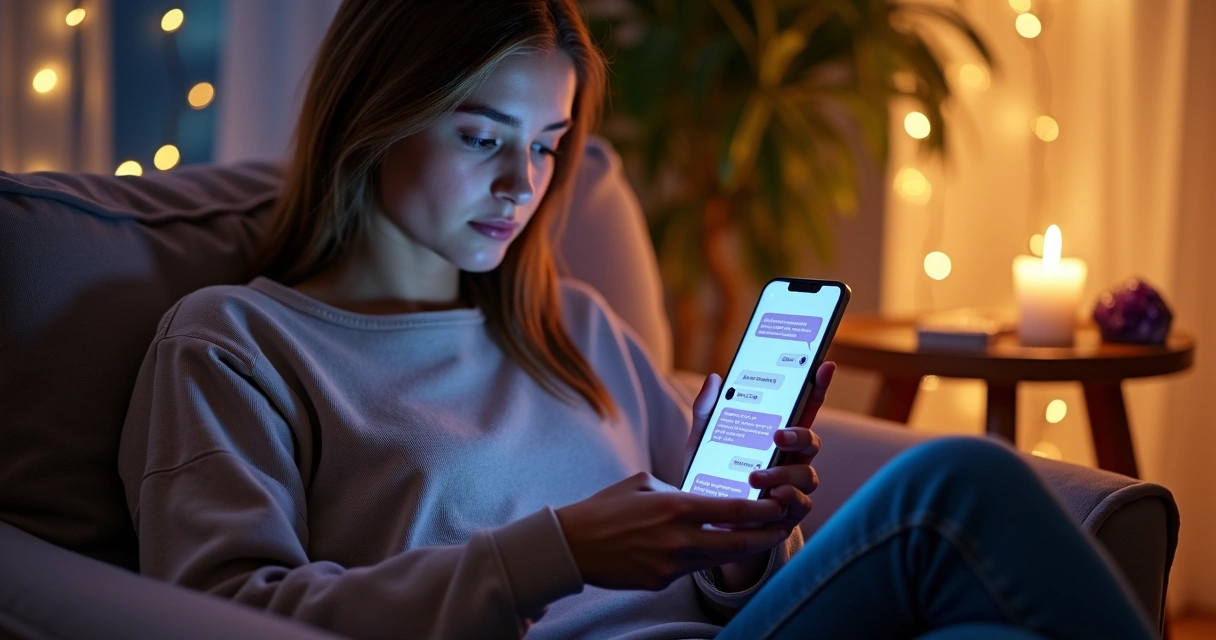 Mulher segurando celular com conversa espiritual em ambiente suave e iluminado