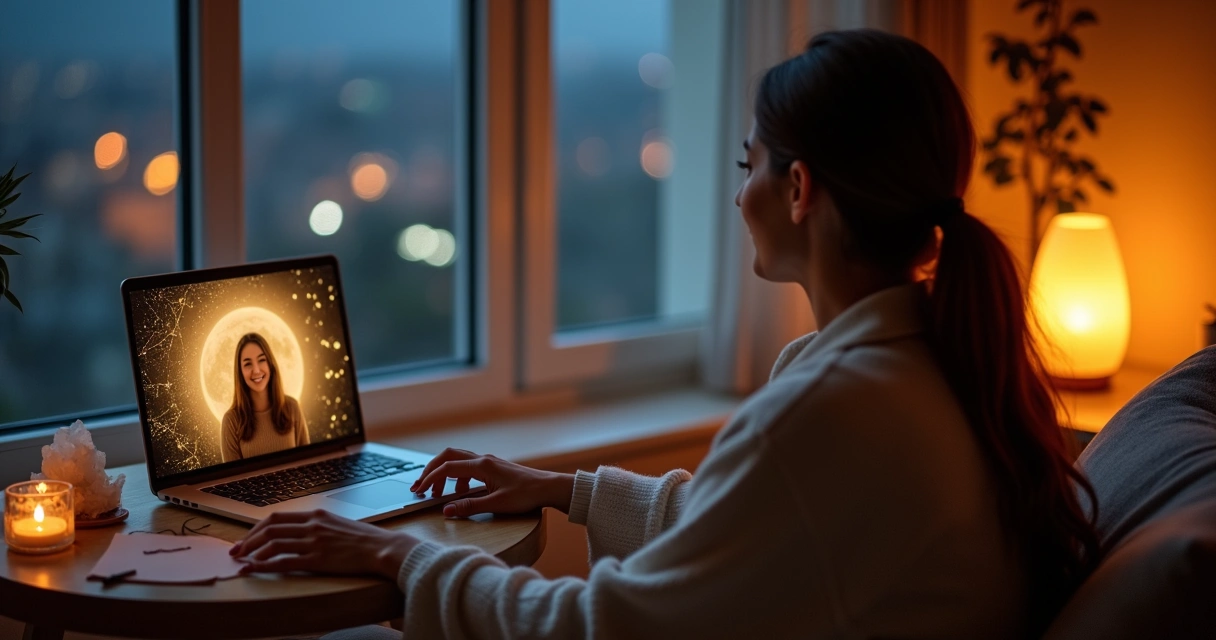 Mulher em casa à noite olhando para tela com consultora espiritual em chamada de vídeo