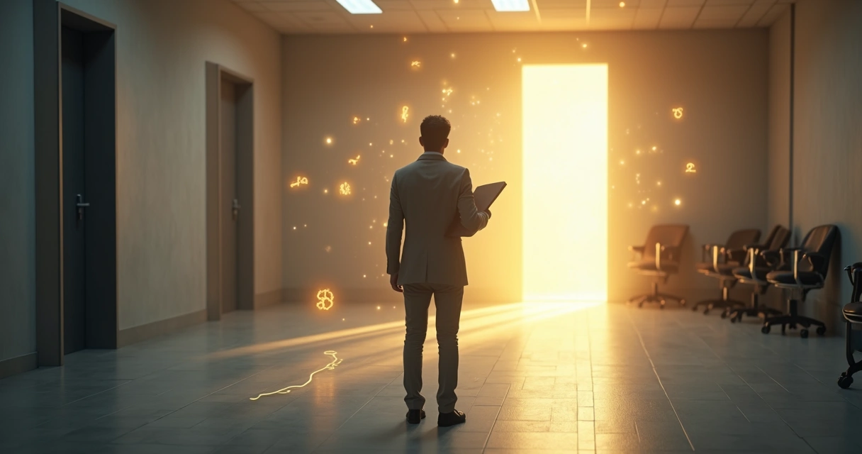 Pessoa diante de portal de luz dourada com símbolos místicos representando oportunidades profissionais