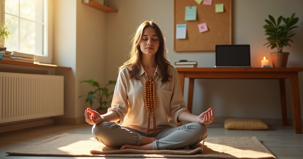 Estudante meditando com japamala ao lado de livros abertos