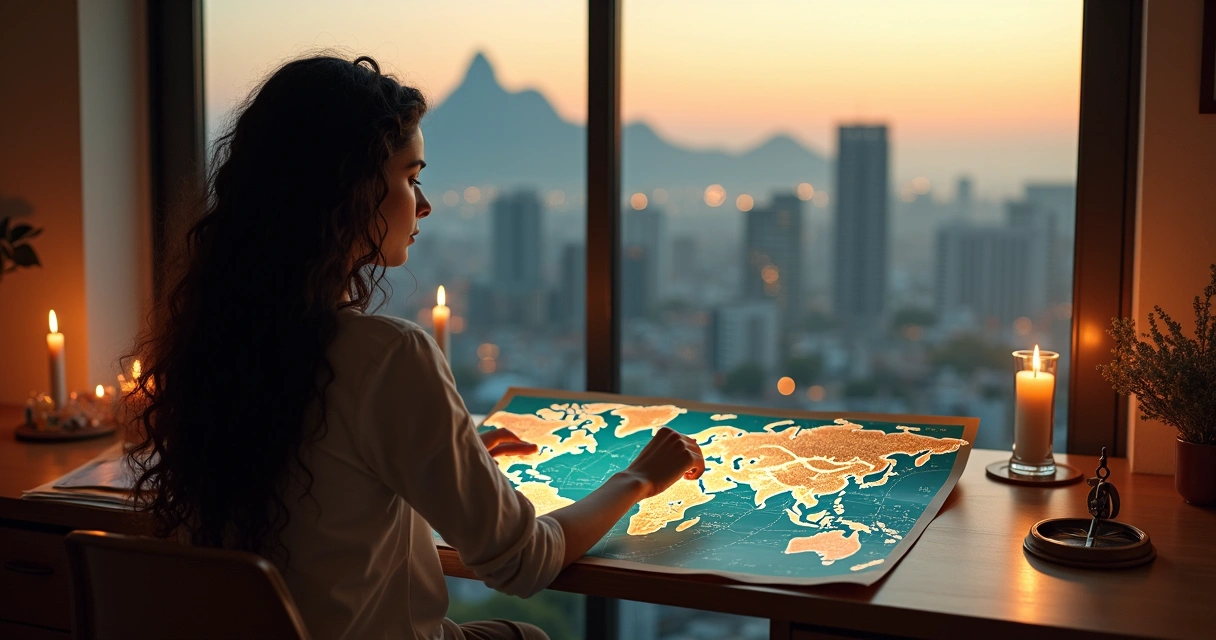 Mulher observa mapa astral sobreposto a um mapa-múndi com linha conectando diferentes cidades