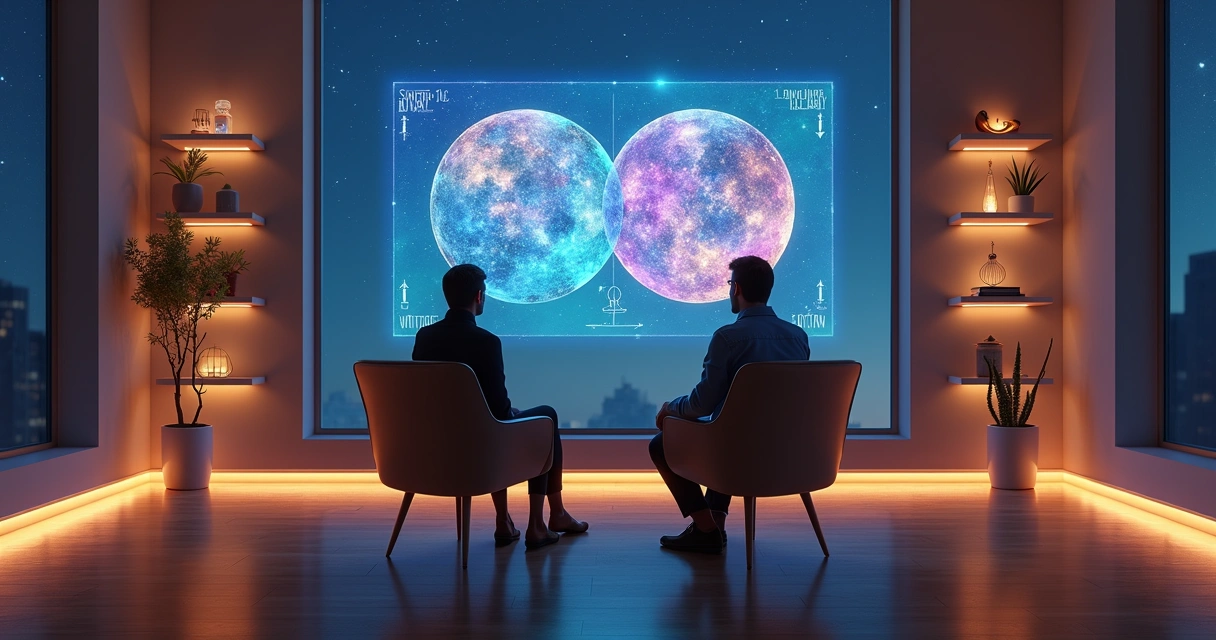 Painel holográfico exibindo mapa astral de casal e cartas de tarot digitais
