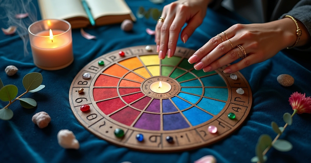 Mãos femininas pairando sobre círculos coloridos e cristais em forma de oráculo