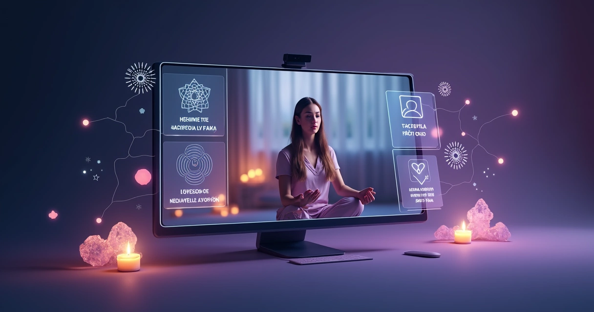 Painel digital místico com consultora espiritual ao centro atendendo em tempo real