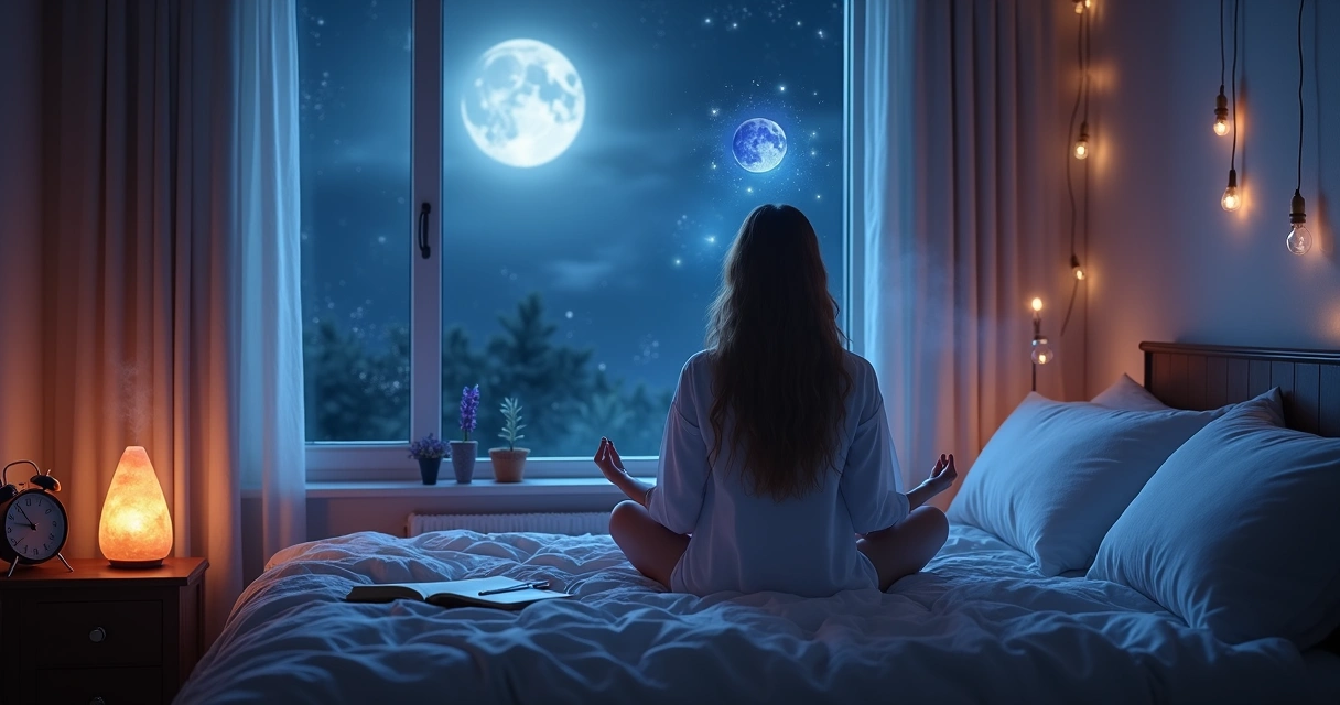 Quarto escuro com mulher sentada na cama envolvida por brilho azul-gerlado de sonhos