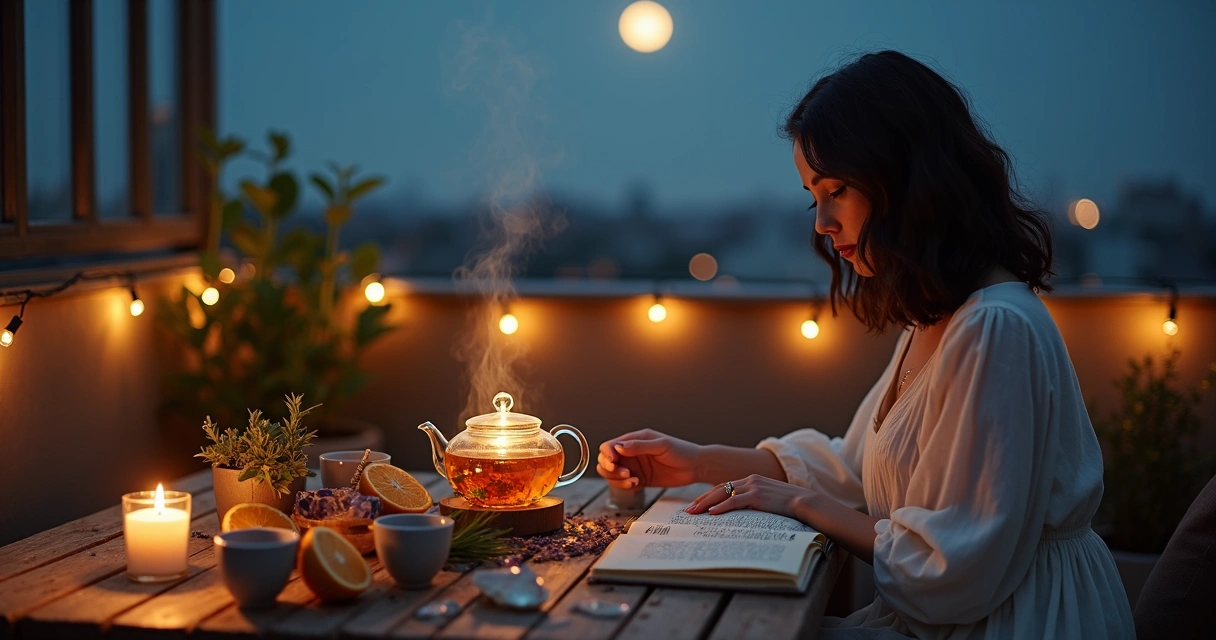 Altar de chá iluminado pela lua nova em terraço com mulher preparando ritual