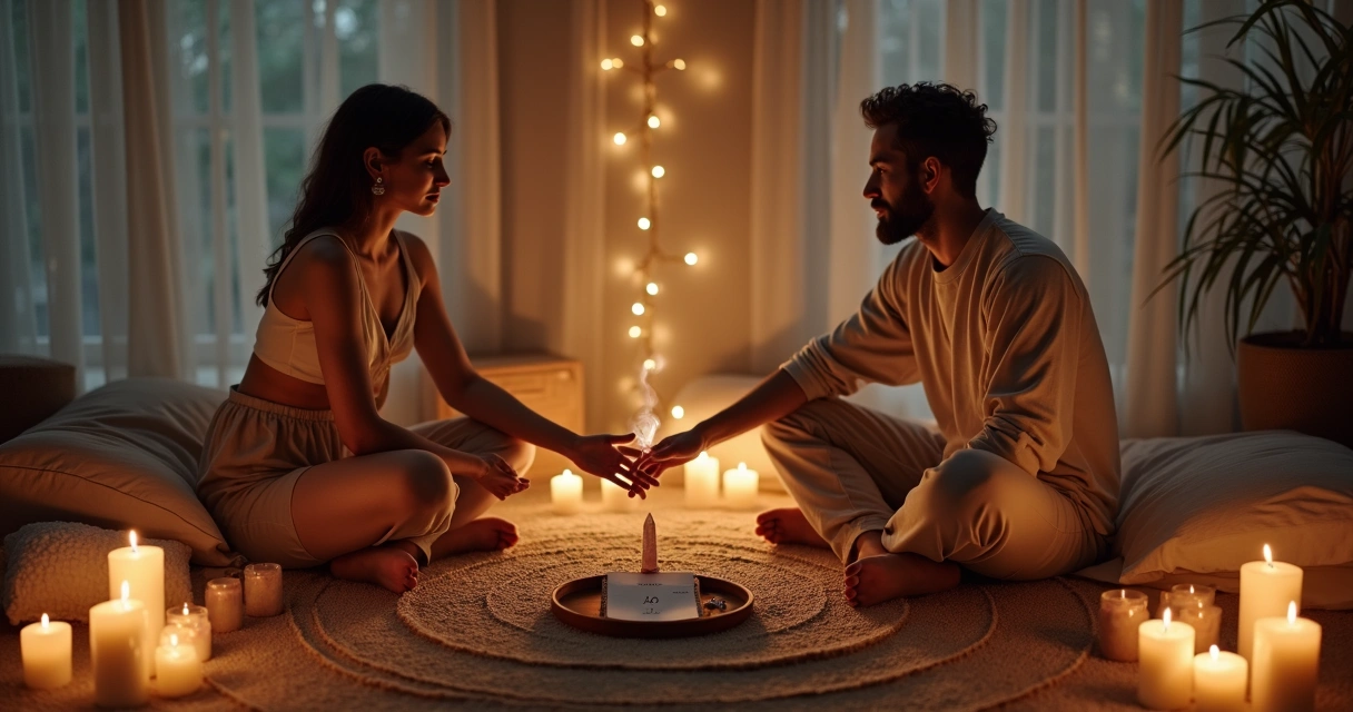 Casal sentado em círculo de velas acesas durante ritual espiritual a dois