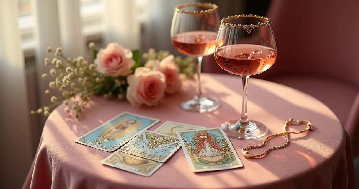 Cartas de tarot para vida amorosa dispostas em mesa rosa em formato de cruz simples