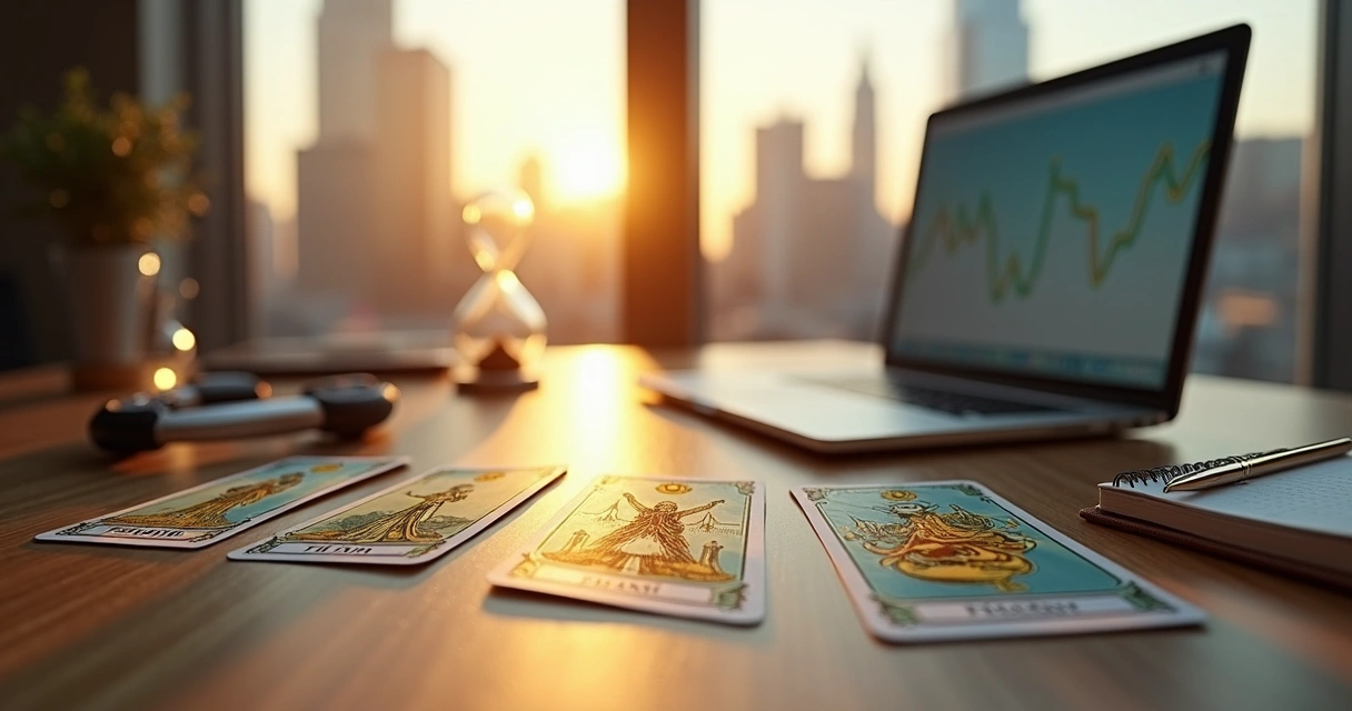 Cartas de tarot em mesa de escritório com símbolos de carreira e crescimento profissional