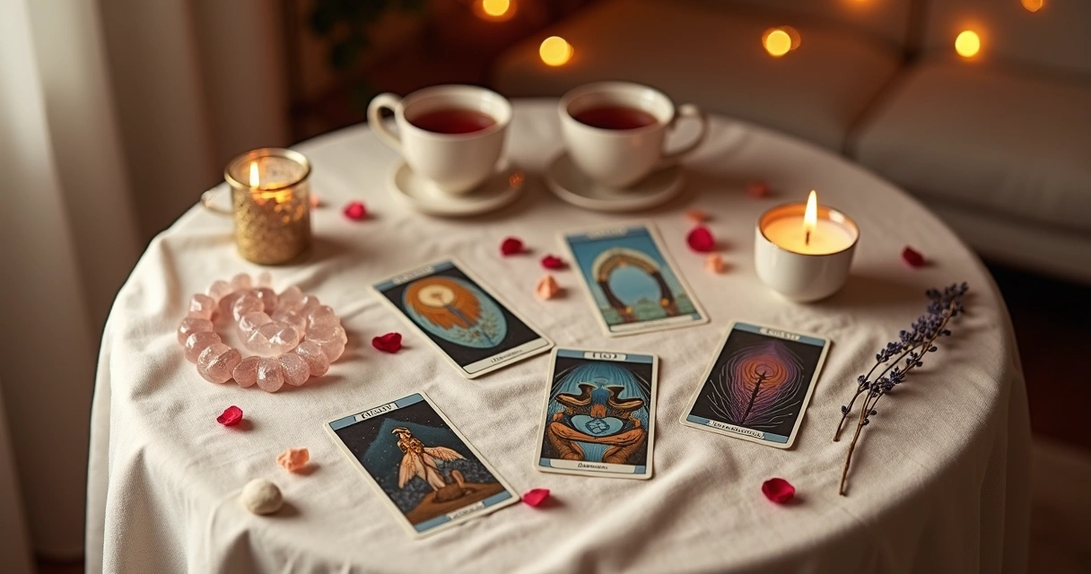 Cartas de tarot em formato de coração ladeadas por duas xícaras de chá