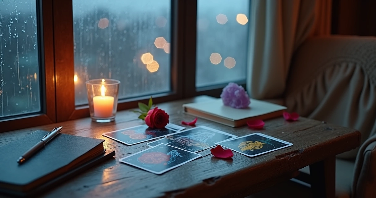 Mesa com cartas de tarot voltadas a relacionamentos complicados ao lado de janela chuvosa