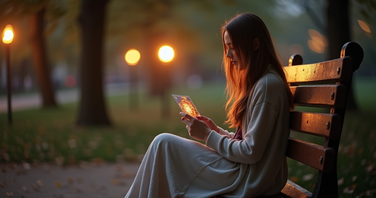 Mulher segura carta de tarot em banco de parque ao entardecer