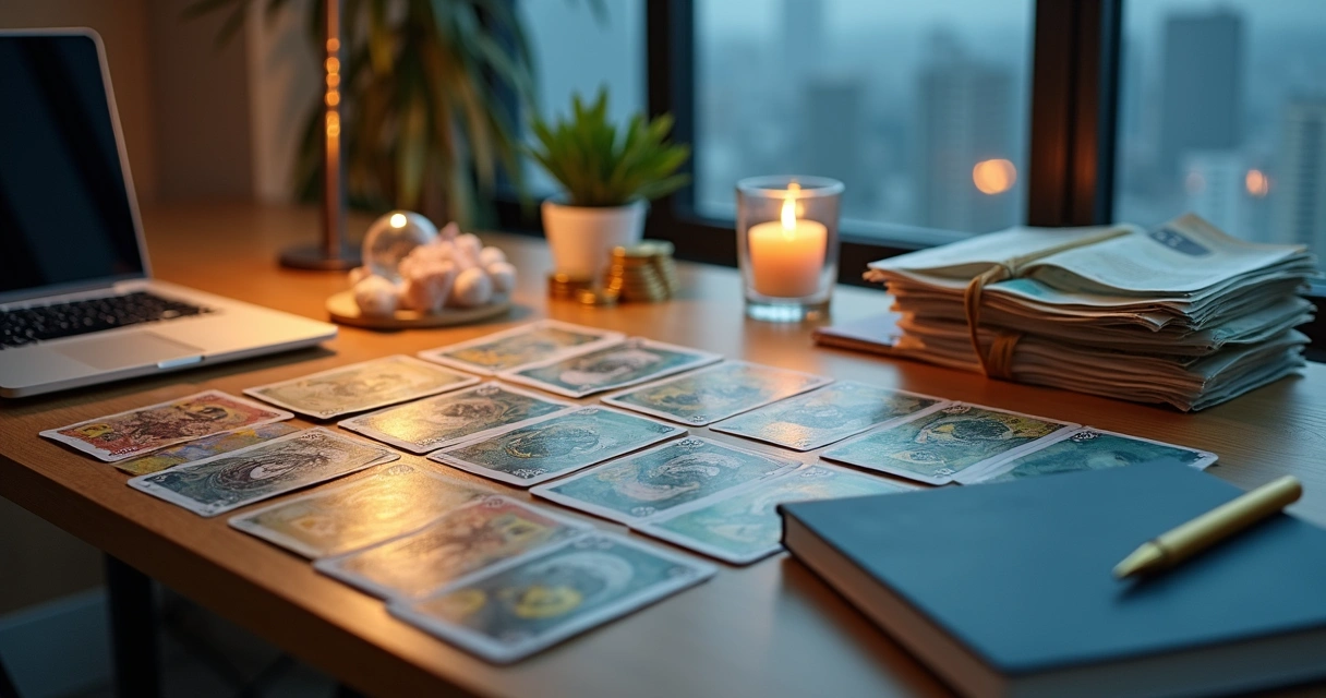 Mesa de escritório com cartas de tarot e objetos de trabalho e dinheiro