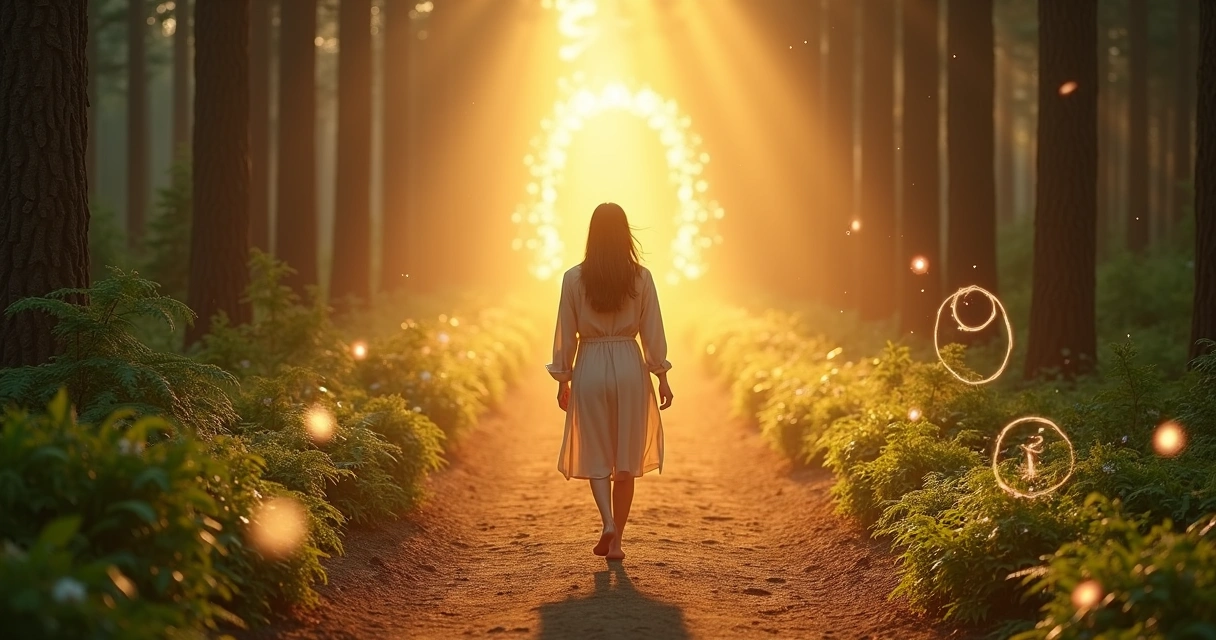 Mulher caminhando por trilha iluminada cercada por símbolos espirituais suaves