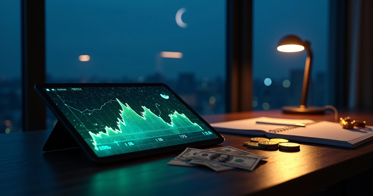 Mesa com tablet mostrando gráfico financeiro e refletindo um céu estrelado com constelações ao fundo