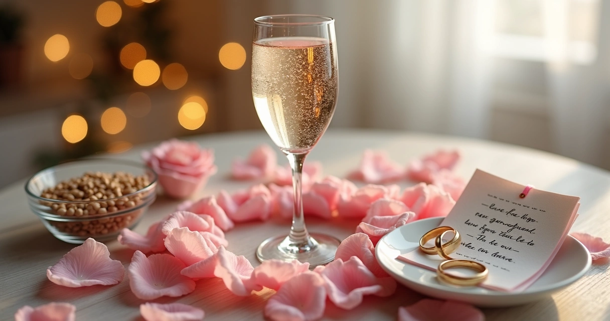 Altar de Ano-Novo com taça, flores e símbolos de amor em tons dourados e rosa