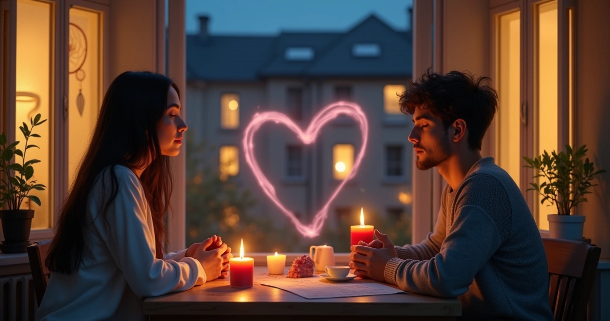Casal distante unido por círculo de velas e luz energética suave