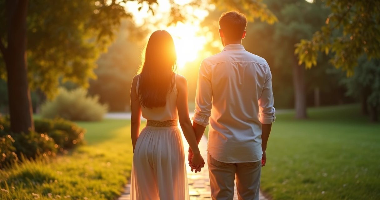 Casal de mãos dadas em jardim ao entardecer com auras coloridas em harmonia
