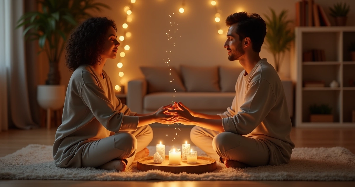 Casal sentado de frente um para o outro com velas acesas entre eles