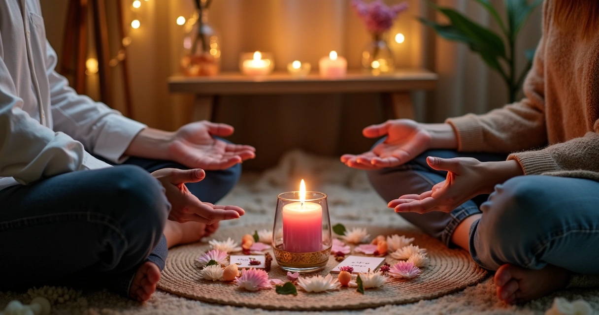 Casal sentado de frente um para o outro em ritual com vela rosa acesa em ambiente místico