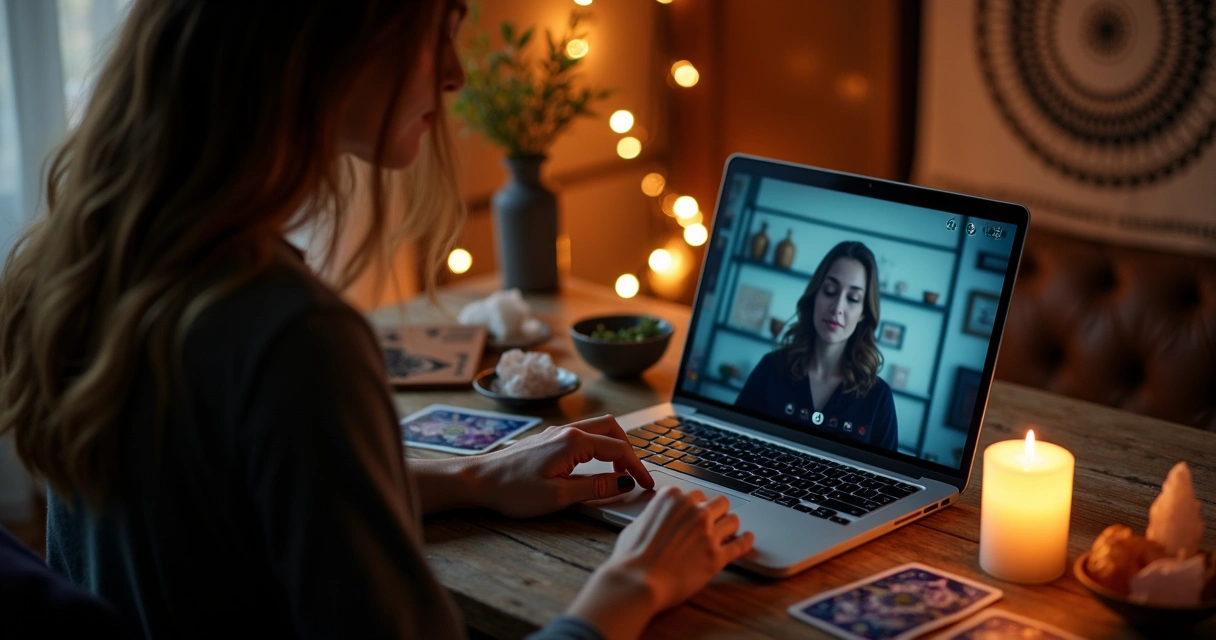 Mulher consultando tarot online em mesa com notebook e elementos místicos