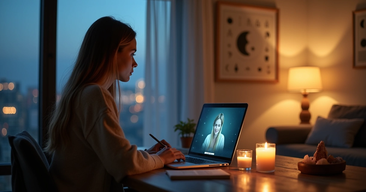 Mulher em mesa usando notebook cercada por símbolos espirituais