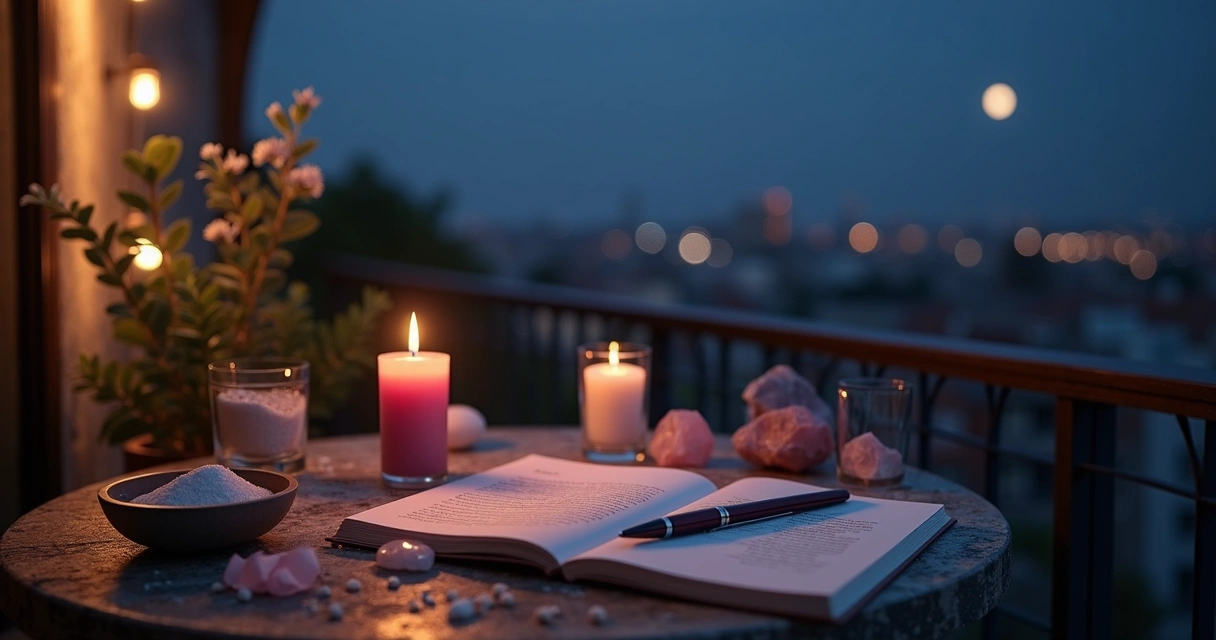 Varanda à noite iluminada pela lua nova com altar delicado para ritual de amor