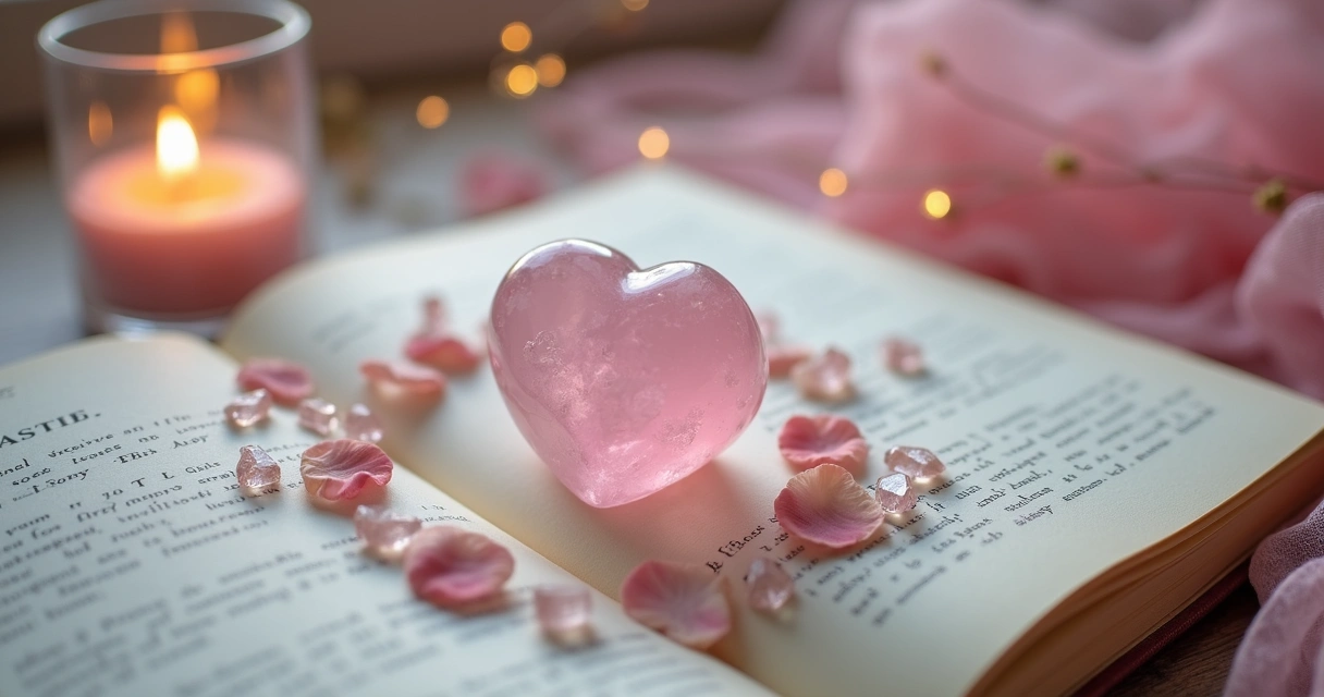 Quartzo rosa em forma de coração sobre livro aberto em altar rosado