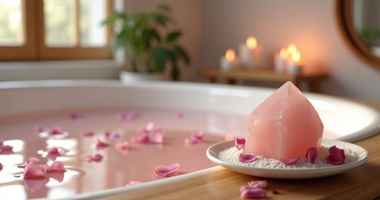 Cristal de quartzo rosa em prato ao lado de banheira preparada para ritual amoroso