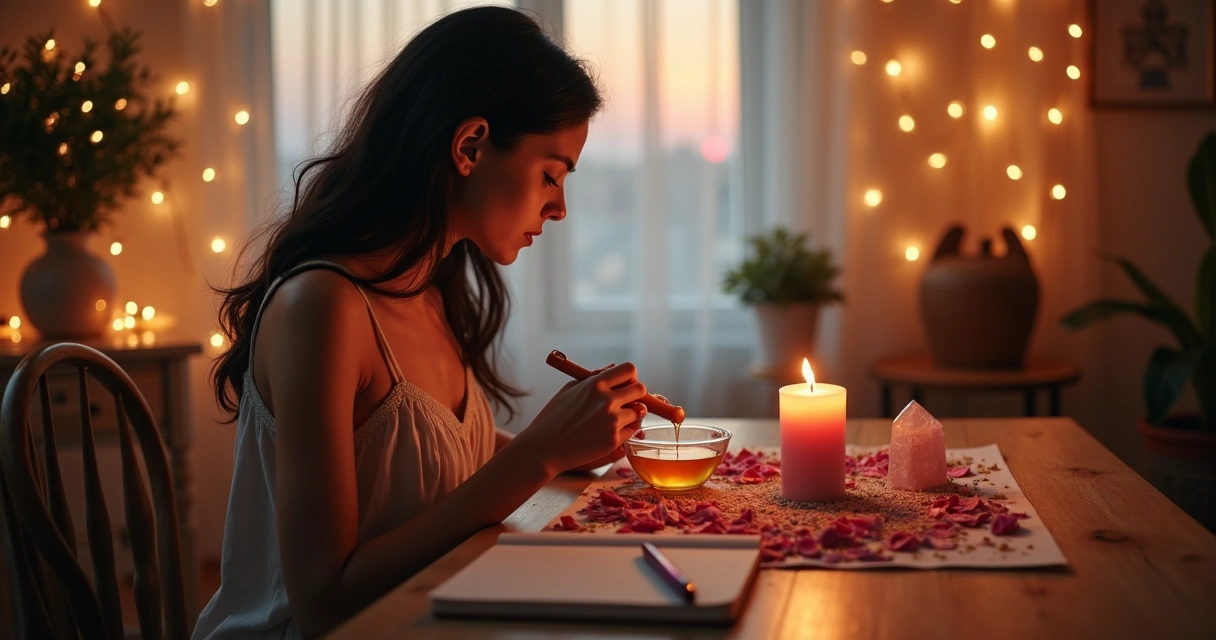 Mulher preparando ritual de amor com vela rosa ervas e cristal em mesa de madeira