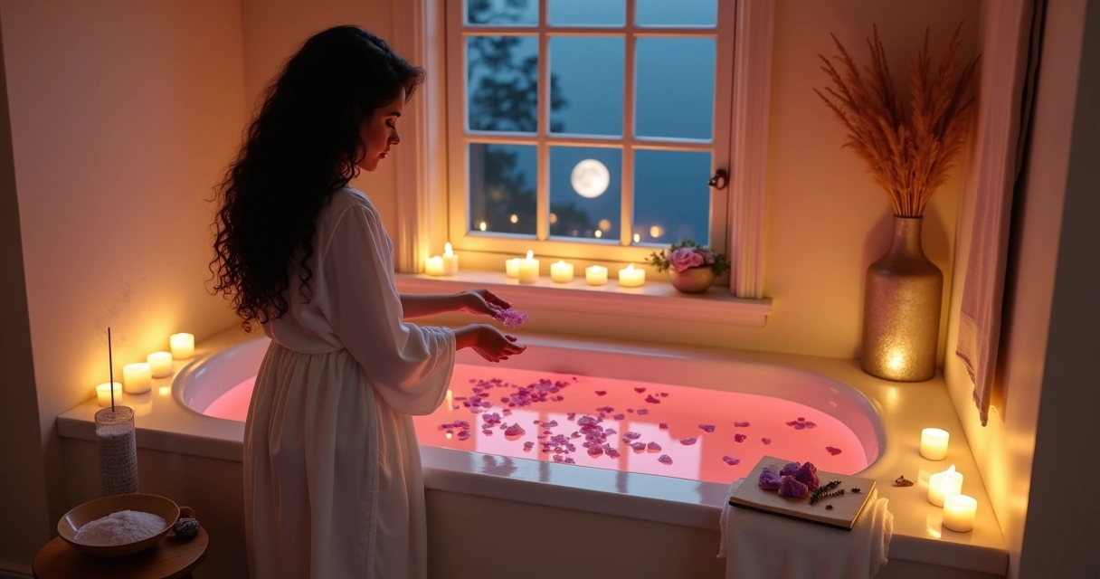 Mulher preparando banho energético de amor com cristais e flores em ambiente iluminado por velas suaves