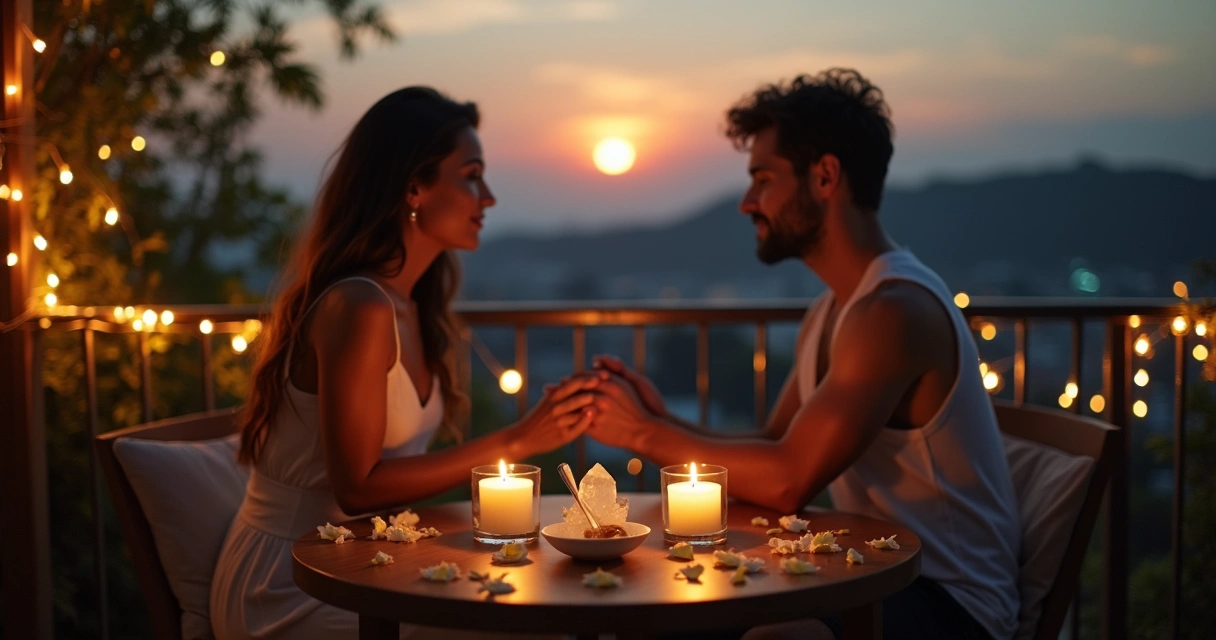 Casal em ritual de aniversário de namoro em varanda com cristais e lua cheia ao fundo