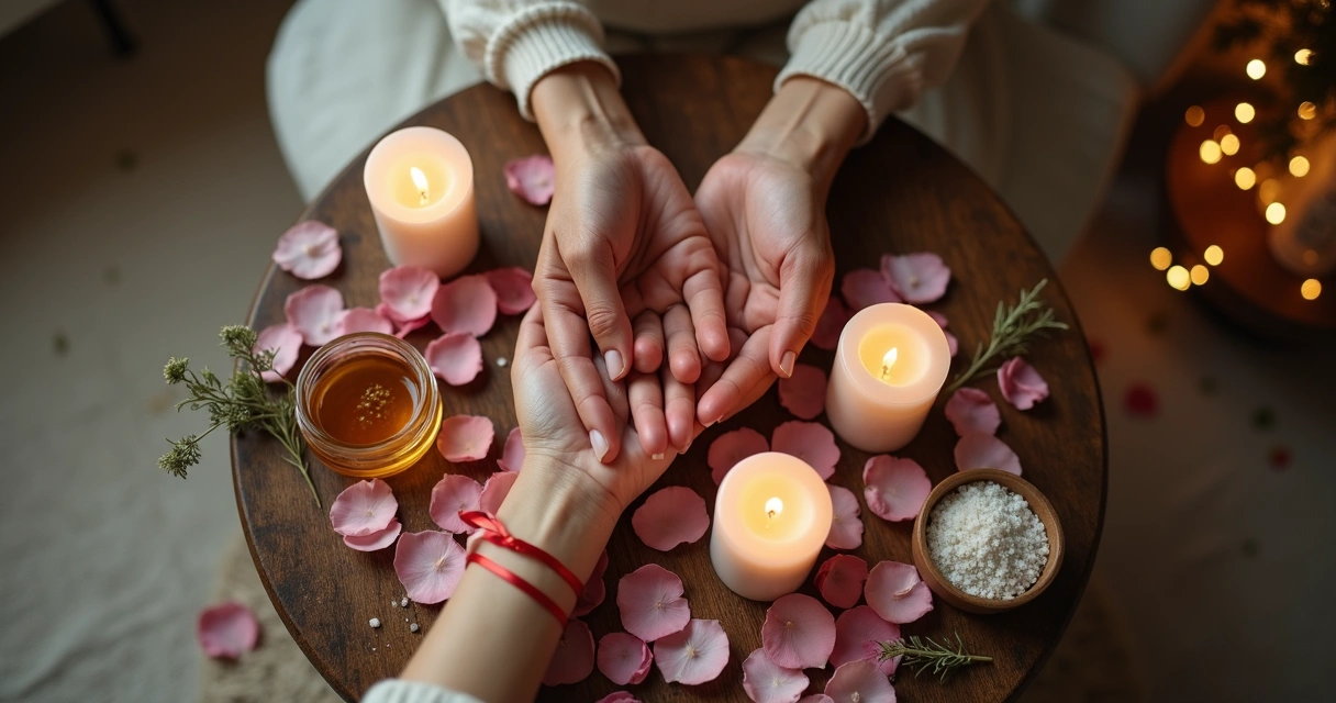 Mesa de madeira com mãos dadas de um casal cercadas por rosas e velas acesas em ritual de amor