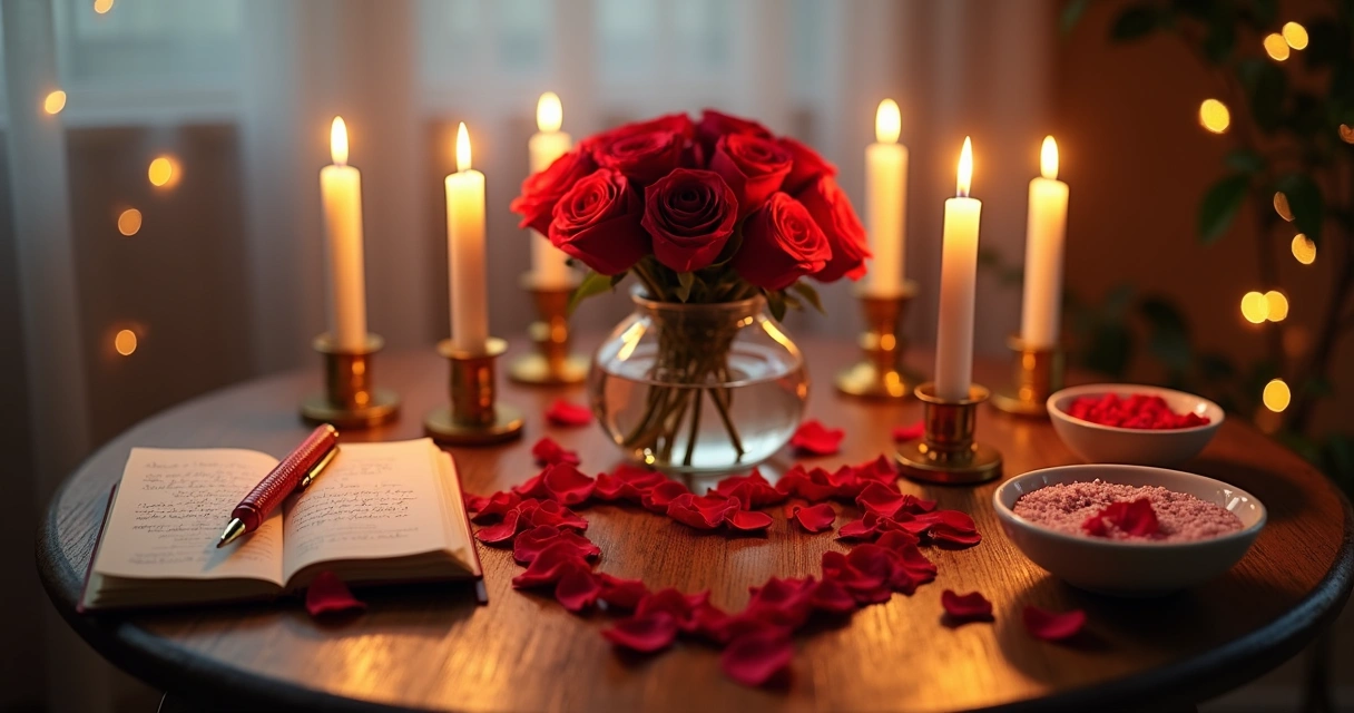 Ritual com buquê de rosas vermelhas e velas em altar para o amor
