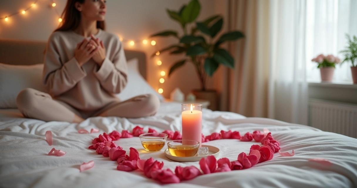 Mulher preparando simpatia amorosa com vela rosa e rosas sobre a cama