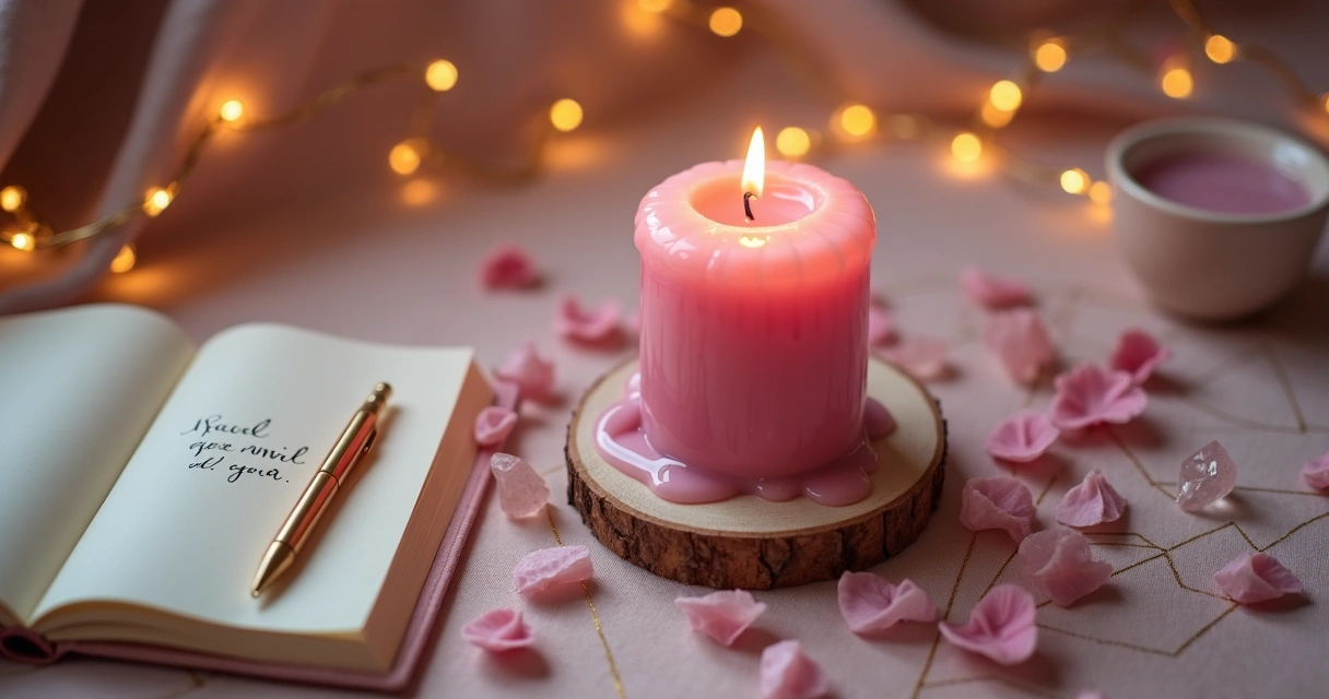 Vela rosa acesa em altar místico cercada por cristais e pétalas de rosa