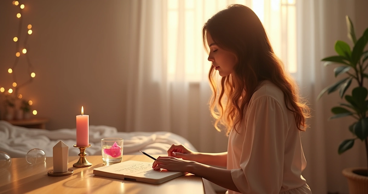 Mulher organizando altar amoroso minimalista com vela rosa e cristal transparente ao nascer do sol