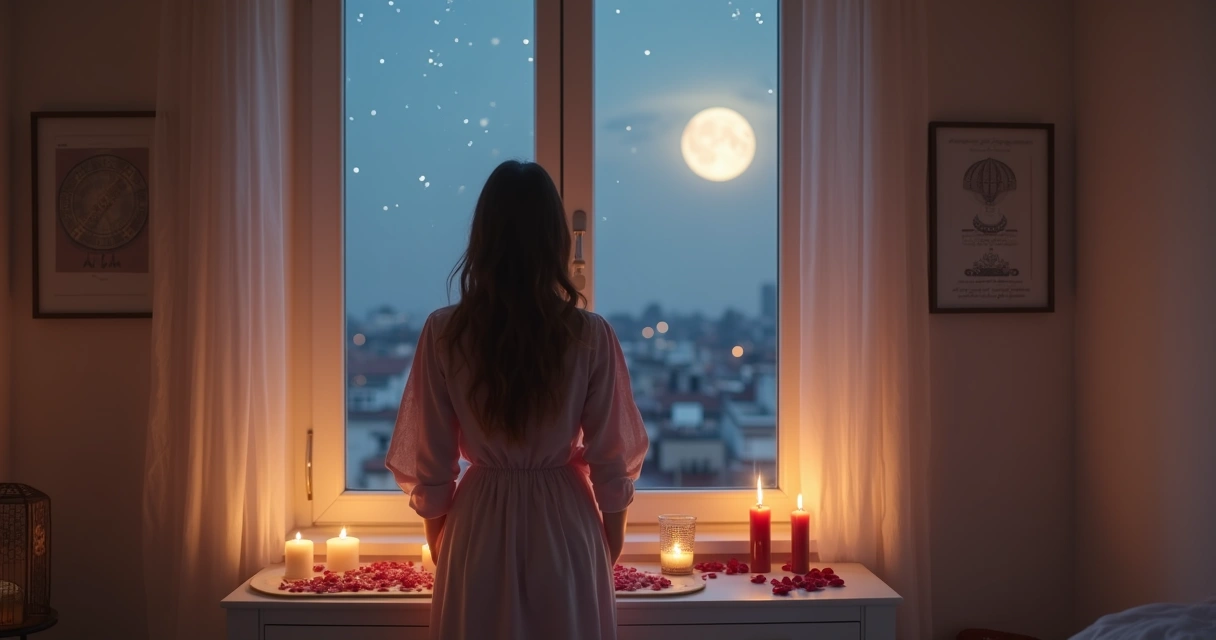 Mulher acendendo vela branca em altar simples voltada para janela iluminada pela lua