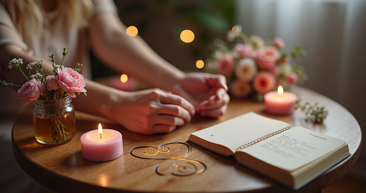 Duas mãos entrelaçadas sobre mesa com símbolos místicos de amor