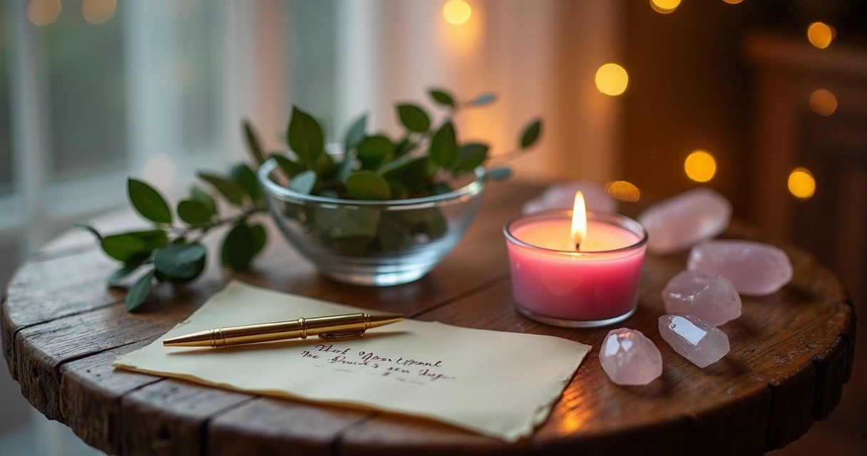 Folhas de louro em ritual amoroso com vela rosa em mesa de madeira