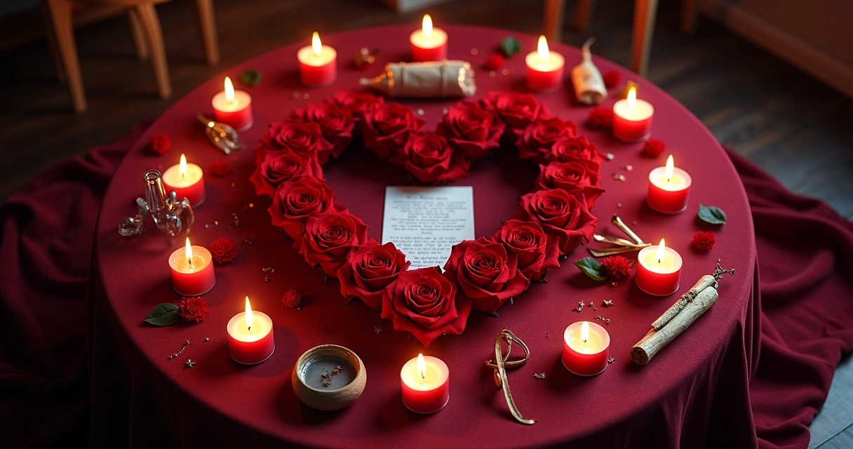 Altar circular com rosas vermelhas formando coração em ritual de amor